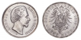 GERMANY: BAVARIA. Ludwig II, 1864-86. 5 Mark 1876-D, Munich. 27.78 g. Mintage 1,130,000. J.42. Scarce this nice. Uncirculated. This lot can be viewed ...