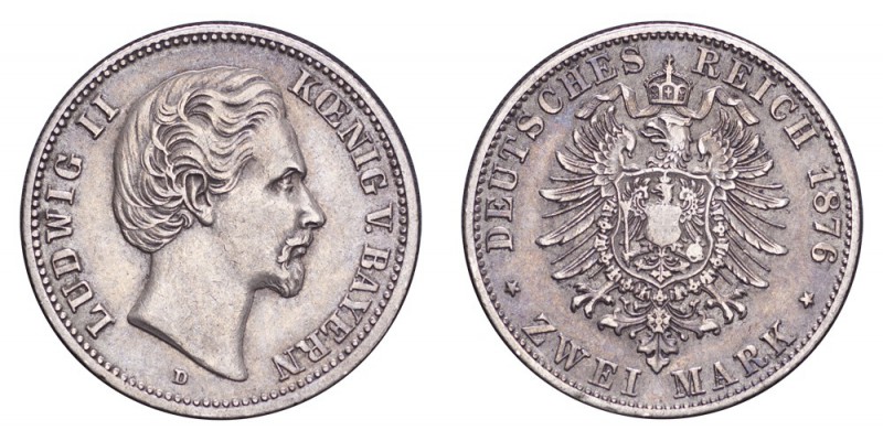GERMANY: BAVARIA. Ludwig II, 1864-86. 2 Mark 1876-D, München. 11.11 g. Mintage 5...