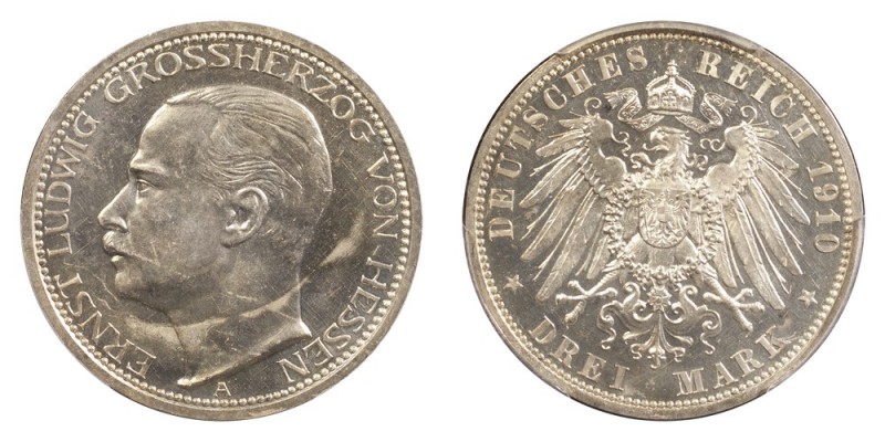 GERMANY: HESSE-DARMSTADT. Ernst Ludwig, Großherzog, 1892-1918. Proof 3 Mark 1910...