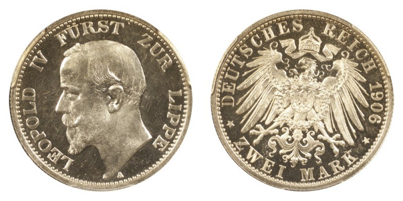 GERMANY: LIPPE-DETMOLD. Leopold IV, 1905-8. Proof 2 Mark 1906-A, Berlin. 11.11 g...