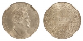 GERMANY: NASSAU. Wilhelm, 1819-39. Gulden 1838, Wiesbaden. 10.61 g. Mintage 189,749. J.44. Scarce offering from the small princely state of Nassau. No...