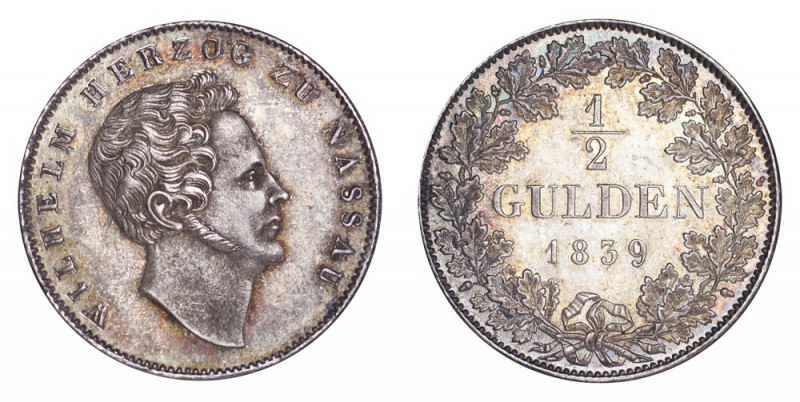 GERMANY: NASSAU. Wilhelm, 1816-39. 1/2 Gulden 1839, Wiesbaden. 5.3 g. Mintage 10...