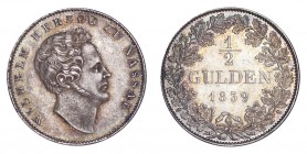 GERMANY: NASSAU. Wilhelm, 1816-39. 1/2 Gulden 1839, Wiesbaden. 5.3 g. Mintage 108,400. KM# 59, J# 43, AKS# 44. Pleasant old cabinet toning. Extremely ...