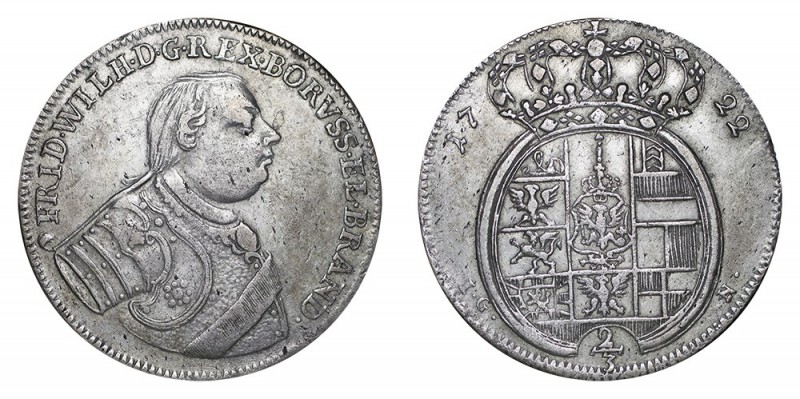 GERMANY: PRUSSIA. Friedrich Wilhelm I, 1713-40. 2/3 Taler 1722 L-IGN, Berlin. 17...