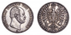 GERMANY: PRUSSIA. Wilhelm I, 1861-88. Taler 1862-A, Berlin. 18.5 g. Mintage 6,057,150. KM# 489. Extremely fine.
