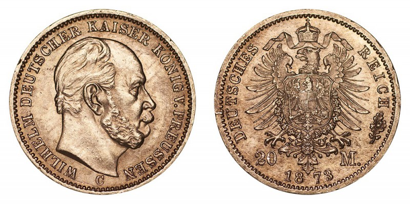 GERMANY: PRUSSIA. Wilhelm I, 1861-88. Gold 20 Mark 1873-C, Frankfurt am Main. 7....