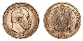 GERMANY: PRUSSIA. Wilhelm I, 1861-88. Gold 20 Mark 1873-C, Frankfurt am Main. 7.97 g. Mintage 3,056,432. KM# 501, J# 243. About Uncirculated.