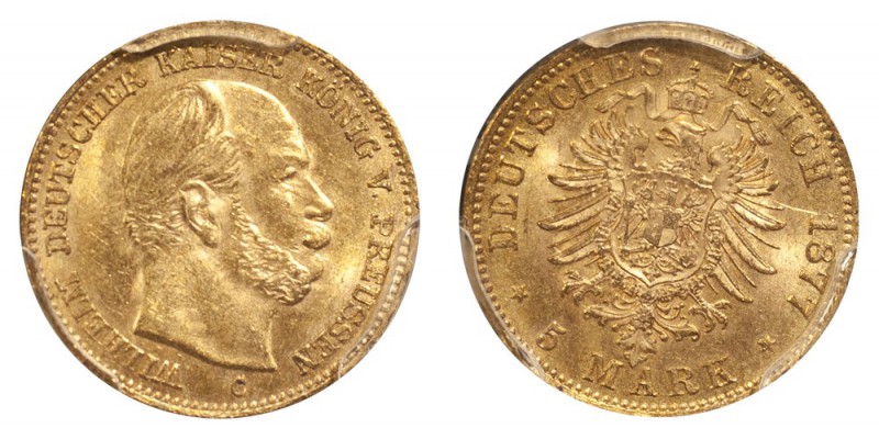GERMANY: PRUSSIA. Wilhelm I, 1861-88. Gold 5 Mark 1877-C, Frankfurt am Main. 1.9...