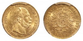GERMANY: PRUSSIA. Wilhelm I, 1861-88. Gold 5 Mark 1877-C, Frankfurt am Main. 1.99 g. Mintage 688,400. J.244. In US plastic holder, graded PCGS MS63, c...