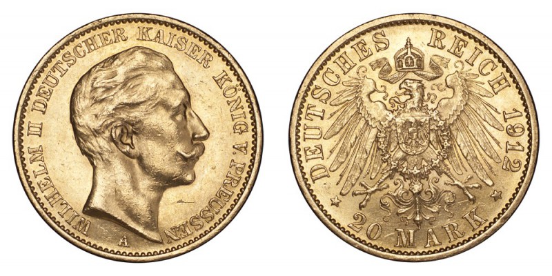 GERMANY: PRUSSIA. Wilhelm II, 1888-1918. Gold 20 Mark 1912-A, Berlin. 7.97 g. Mi...