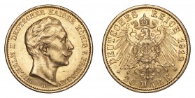 GERMANY: PRUSSIA. Wilhelm II, 1888-1918. Gold 20 Mark 1912-A, Berlin. 7.97 g. Mintage 5,569,398. J.252, KM# 521. About Uncirculated.