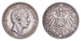 GERMANY: PRUSSIA. William II, 1888-1918. 5 Mark 1904-A, Berlin. 27.7 g. Mintage 2,060,410. KM# 523, J. 104. Nearly extremely fine.