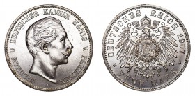 GERMANY: PRUSSIA. Wilhelm II, 1888-1918. 5 Mark 1907-A, Berlin. 27.78 g. Mintage 2,102,338. J.104. Prachtexemplar!. Choice Uncirculated. This lot can ...