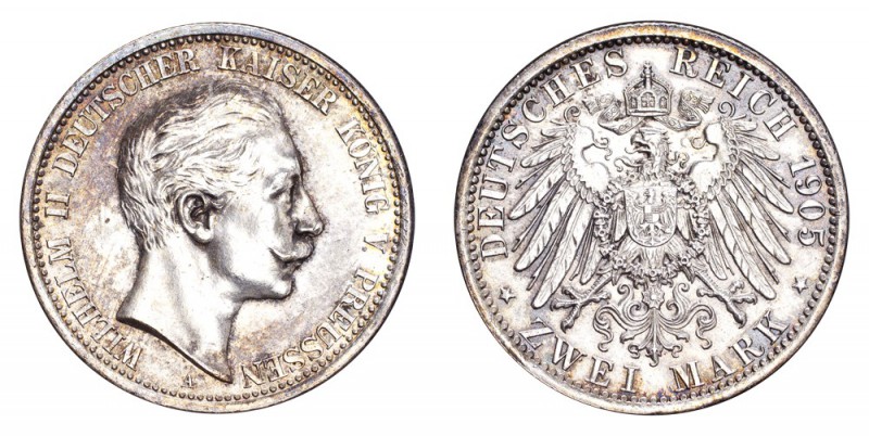 GERMANY: PRUSSIA. Wilhelm II, 1888-1918. 2 Mark 1905-A, Berlin. J.102. Uncircula...