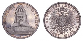 GERMANY: SAXONY. Friedrich August III, . 3 Mark 1913-E, Muldenhutten. Battle of Leipzig - Proof. 16.66 g. Mintage 17,000. KM# 1275, J# 140. Centennial...