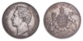 GERMANY: WURTTEMBERG. Wilhelm I, 1816-64. 2 Gulden 1850, Stuttgart. 21.2 g. Mintage 280,000. KM# 595. Pleasant with old toning. Extremely fine.