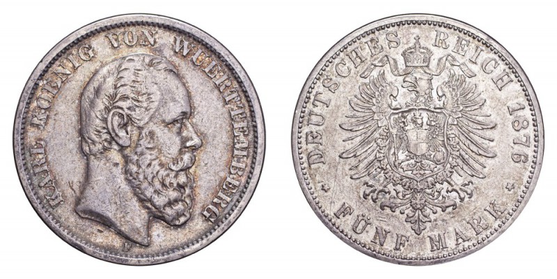 GERMANY: WUERTTEMBERG. Karl, 1864-91. 5 Mark 1876-F, Stuttgart. 27.77 g. Mintage...