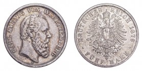 GERMANY: WUERTTEMBERG. Karl, 1864-91. 5 Mark 1876-F, Stuttgart. 27.77 g. Mintage 896,725. Jaeger 173. About Extremely fine.