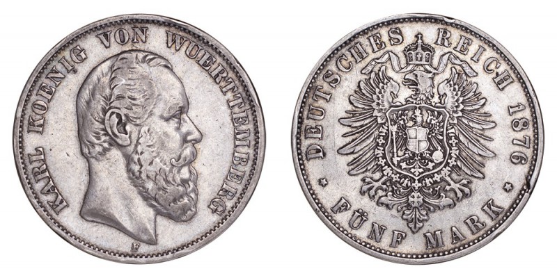 GERMANY: WURTTEMBERG. Karl, 1864-91. 5 Mark 1876-F, Stuttgart. 27.77 g. Mintage ...