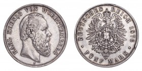 GERMANY: WURTTEMBERG. Karl, 1864-91. 5 Mark 1876-F, Stuttgart. 27.77 g. Mintage 896,725. KM# 623, J# 173. Very fine.