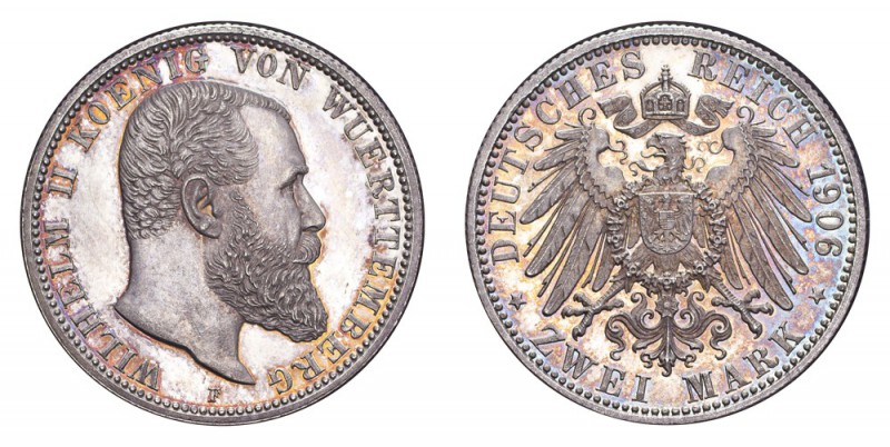 GERMANY: WURTTEMBERG. Wilhelm II, 1891-1918. Proof 2 Mark 1908-F, Stuttgart. 11....
