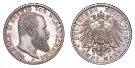 GERMANY: WURTTEMBERG. Wilhelm II, 1891-1918. Proof 2 Mark 1908-F, Stuttgart. 11.11 g. KM# 631, J# 174. FDC.