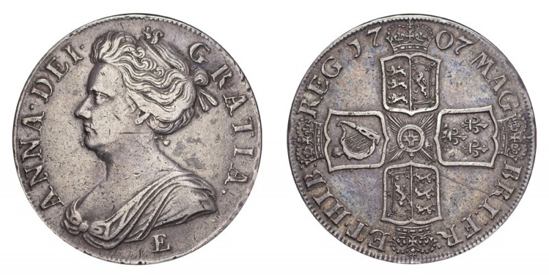GREAT BRITAIN. Anne, 1702-14. Crown 1707-E, Edinburgh. 29.92 g. S-3600. About ve...
