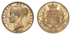 GREAT BRITAIN. Victoria, 1837-1901. Gold Sovereign 1842, London. GR?TI?. 7.99 g. Mintage 4,865,375. Marsh 25, S.3852. Normal date, rare variety with u...
