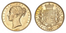 GREAT BRITAIN. Victoria, 1837-1901. Gold Sovereign 1845, London. Shield. 7.99 g. Mintage 3,800,845. Marsh 28, S.3852. Shield type. Scarce date. Revers...