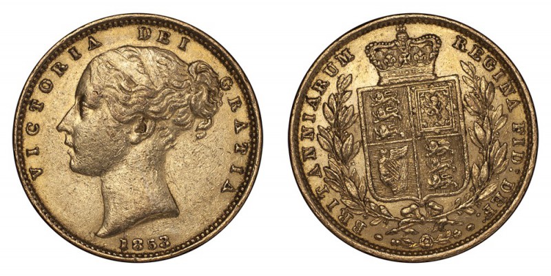 GREAT BRITAIN. Victoria, 1837-1901. Gold Sovereign 1853, London. Shield. 7.99 g....