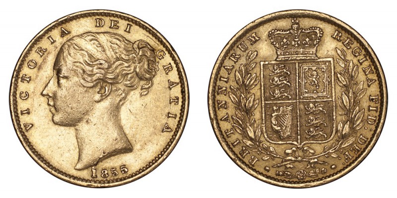 GREAT BRITAIN. Victoria, 1837-1901. Gold Sovereign 1855, London. Shield WW raise...