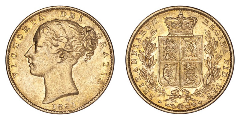GREAT BRITAIN. Victoria, 1837-1901. Gold Sovereign 1863, London. Shield. 7.99 g....