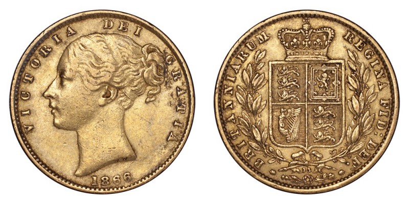GREAT BRITAIN. Victoria, 1837-1901. Gold Sovereign 1866, London. Shield. 7.99 g....