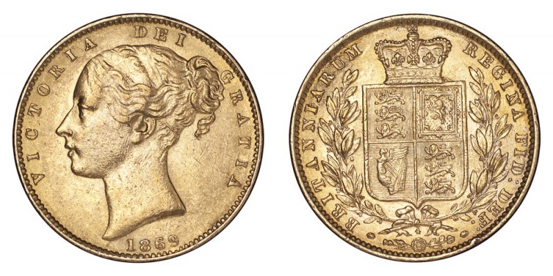 GREAT BRITAIN. Victoria, 1837-1901. Gold Sovereign 1869, London. Shield. 7.99 g....