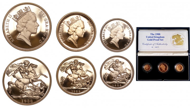 GREAT BRITAIN. Elizabeth II, 1953-. Gold Proof 3 Coin Set 1988, London. 27.99 g....