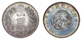 JAPAN. Mutsuhito (Meiji), 1867-1912. Yen 1901 (Meiji 34), Osaka. 26.96 g. Mintage 1,256,252. KM Y# A25.3. Obverse marks. Lovely deep toning on reverse...