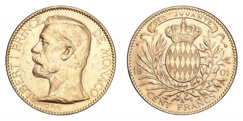 MONACO. Albert, 1889-1922. Gold 100 Francs 1901-A, Paris. 32.26 g. KM. 105; F 13...