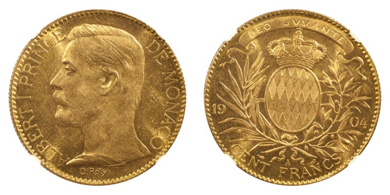 MONACO. Albert, 1889-1922. Gold 100 Francs 1904-A, Paris. 32.26 g. KM. 105; F 13...