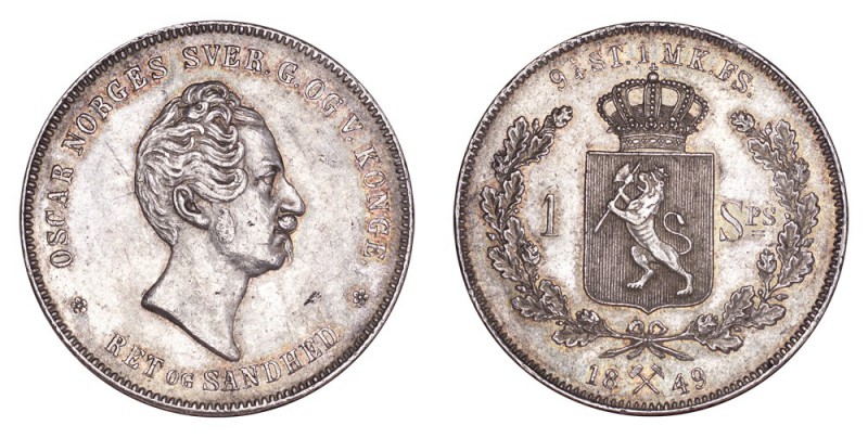 NORWAY. Oscar I, 1844-59. Speciedaler 1849, Kongsberg. 28.9 g. Mintage 114,000. ...