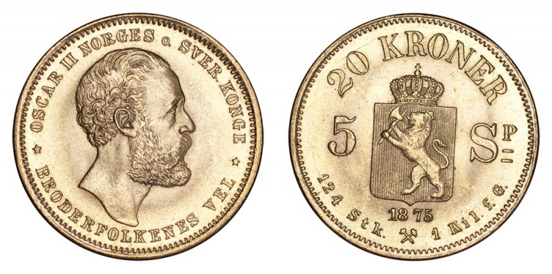 NORWAY. Oscar II, 1872-1905. Gold 20 Kroner 1875, Kongsberg. 8.96 g. Mintage 105...