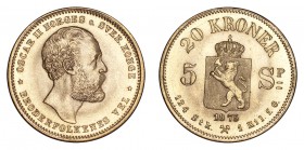 NORWAY. Oscar II, 1872-1905. Gold 20 Kroner 1875, Kongsberg. 8.96 g. Mintage 105,000. KM# 348. Brilliant uncirculated. This lot can be viewed in our Y...