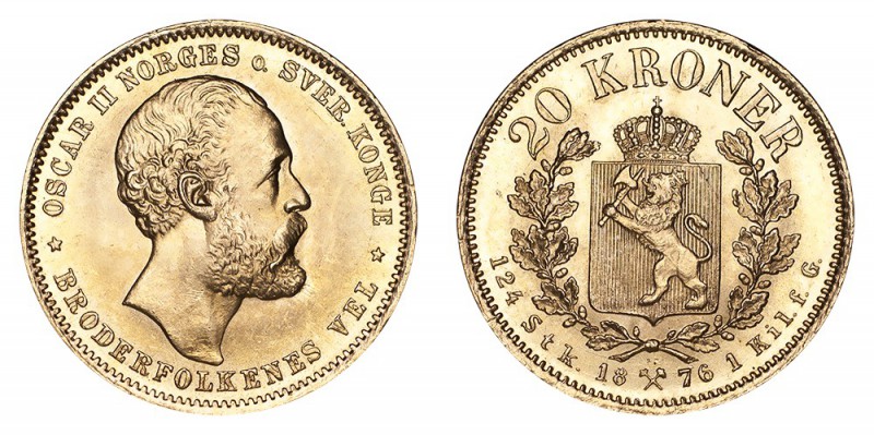 NORWAY. Oscar II, 1872-1905. Gold 20 Kroner 1876, Kongsberg. 8.96 g. Mintage 109...