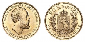 NORWAY. Oscar II, 1872-1905. Gold 20 Kroner 1876, Kongsberg. 8.96 g. Mintage 109,000. KM# 355. Choice Uncirculated. This lot can be viewed in our YouT...
