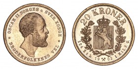 NORWAY. Oscar II, 1872-1905. Gold 20 Kroner 1902, Kongsberg. 8.96 g. Mintage 50,400. KM# 355. Minimal contact marks in fields, brilliant uncirculated ...