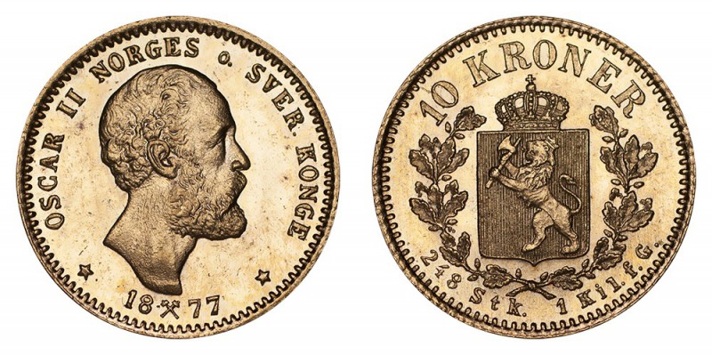 NORWAY. Oscar II, 1872-1905. Gold 10 Kroner 1877, Kongsberg. 4.48 g. Choice Unci...