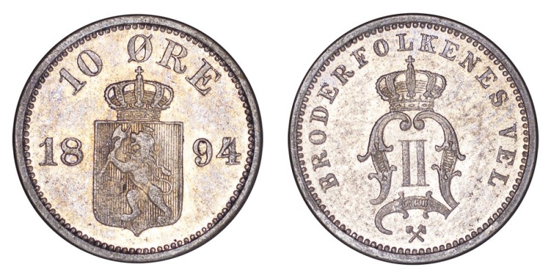 NORWAY. Oscar II, 1872-1905. 10 Ore 1894, Kongsberg. 1.5 g. Mintage 1,500,000. K...