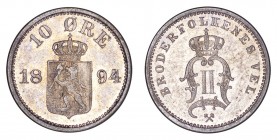 NORWAY. Oscar II, 1872-1905. 10 Ore 1894, Kongsberg. 1.5 g. Mintage 1,500,000. KM# 350. Uncirculated.