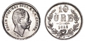 SWEDEN. Oscar I, 1844-59. 10 Ore 1855, Stockholm. 0.85 g. Mintage 1,358,560. KM# 683. Mintmaster G below wreath on reverse. Uncirculated.