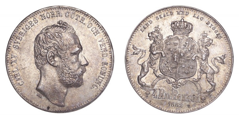 SWEDEN. Carl XV, 1859-72. 4 Riksdaler riksmynt 1862, Stockholm. 34 g. Mintage 94...