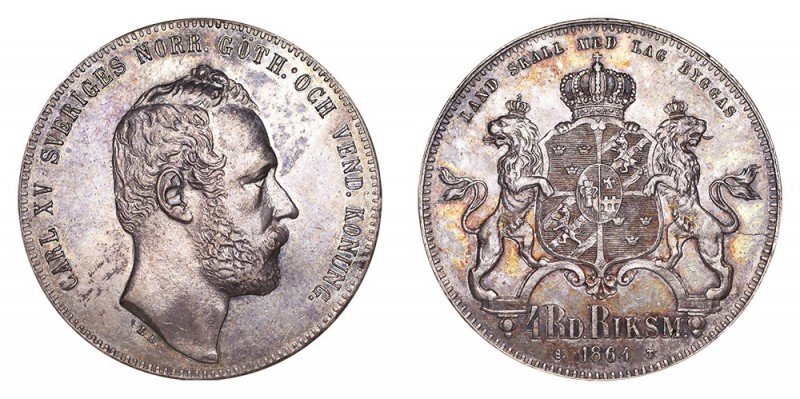 SWEDEN. Carl XV, 1859-72. 4 Riksdaler riksmynt 1864, Stockholm. 34 g. Mintage 53...